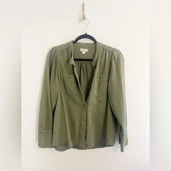 J. Crew Point Sur Olive Green puff sleeve Button Down Twill Shacket Blouse small - Picture 3 of 5